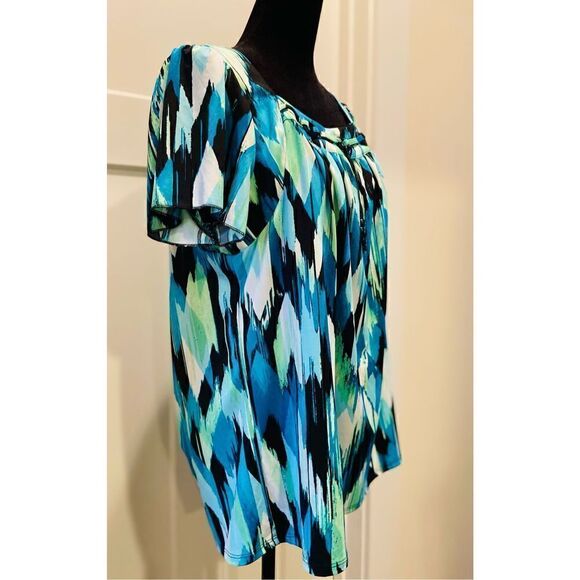 Zac & Rachel Women's Blue Watercolor Short Flutter Sleeve Petite Large Blouse - Picture 2 of 3